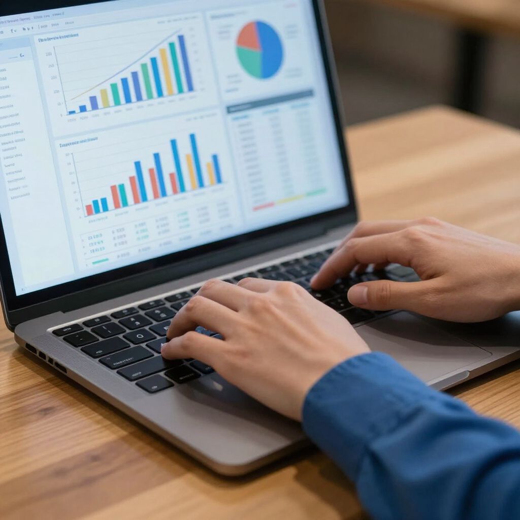 Person typing on laptop, screen displaying charts and graphs, on a wooden desk.