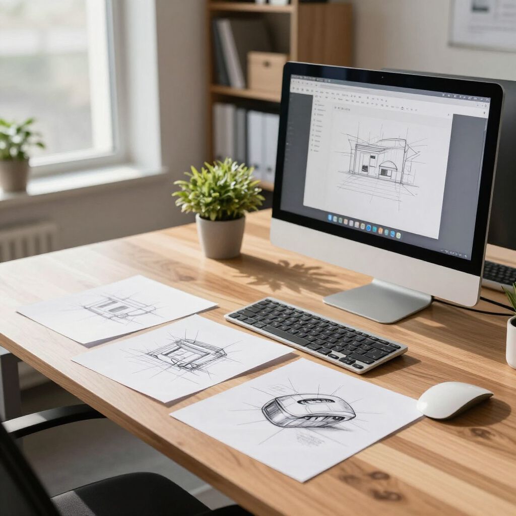Desk with computer displaying architectural sketches, keyboard, mouse, and printed design drafts.