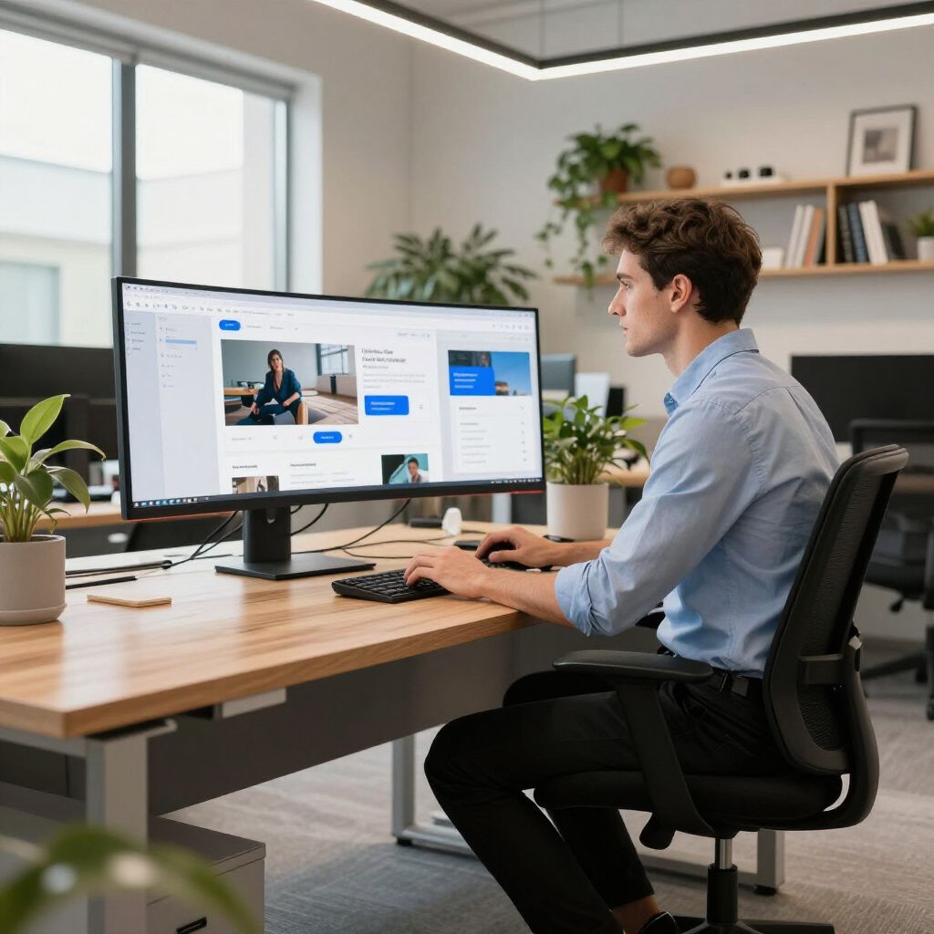 Man sitting at a desk, working on a computer in a modern office.