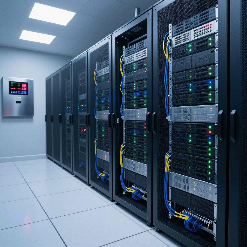 Data center with server racks, cables, and monitoring panel. Rows of equipment in a brightly lit room.