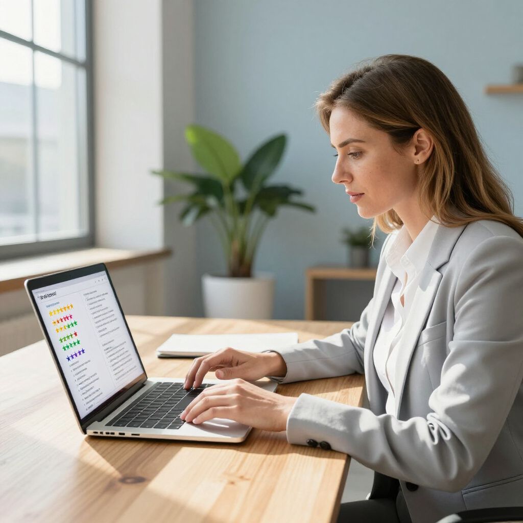 Woman typing on a laptop at a wooden desk near a window; houseplant in the background.