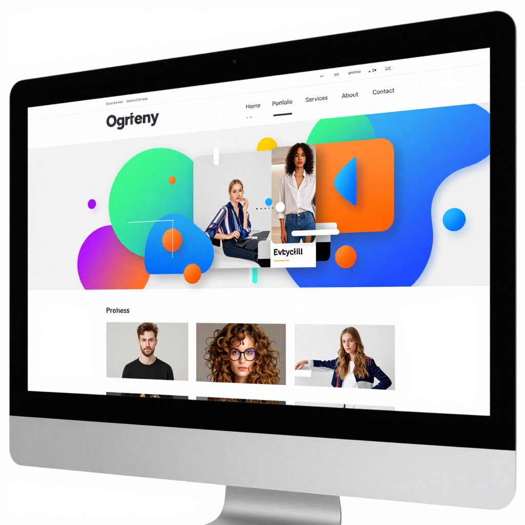 Website on a computer screen featuring people and colorful graphics.