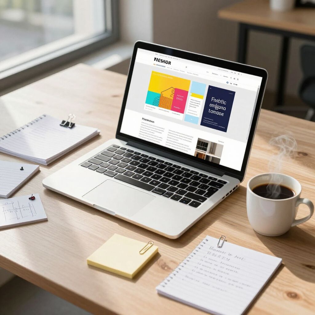 Laptop on desk displaying a website with colorful charts, coffee cup, notebooks, and sticky notes.