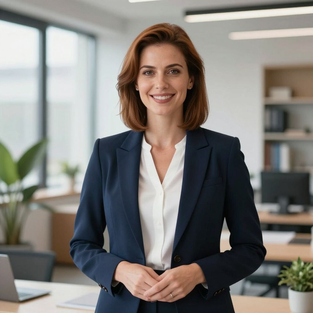 Woman in navy suit smiles in an office setting, hands clasped.