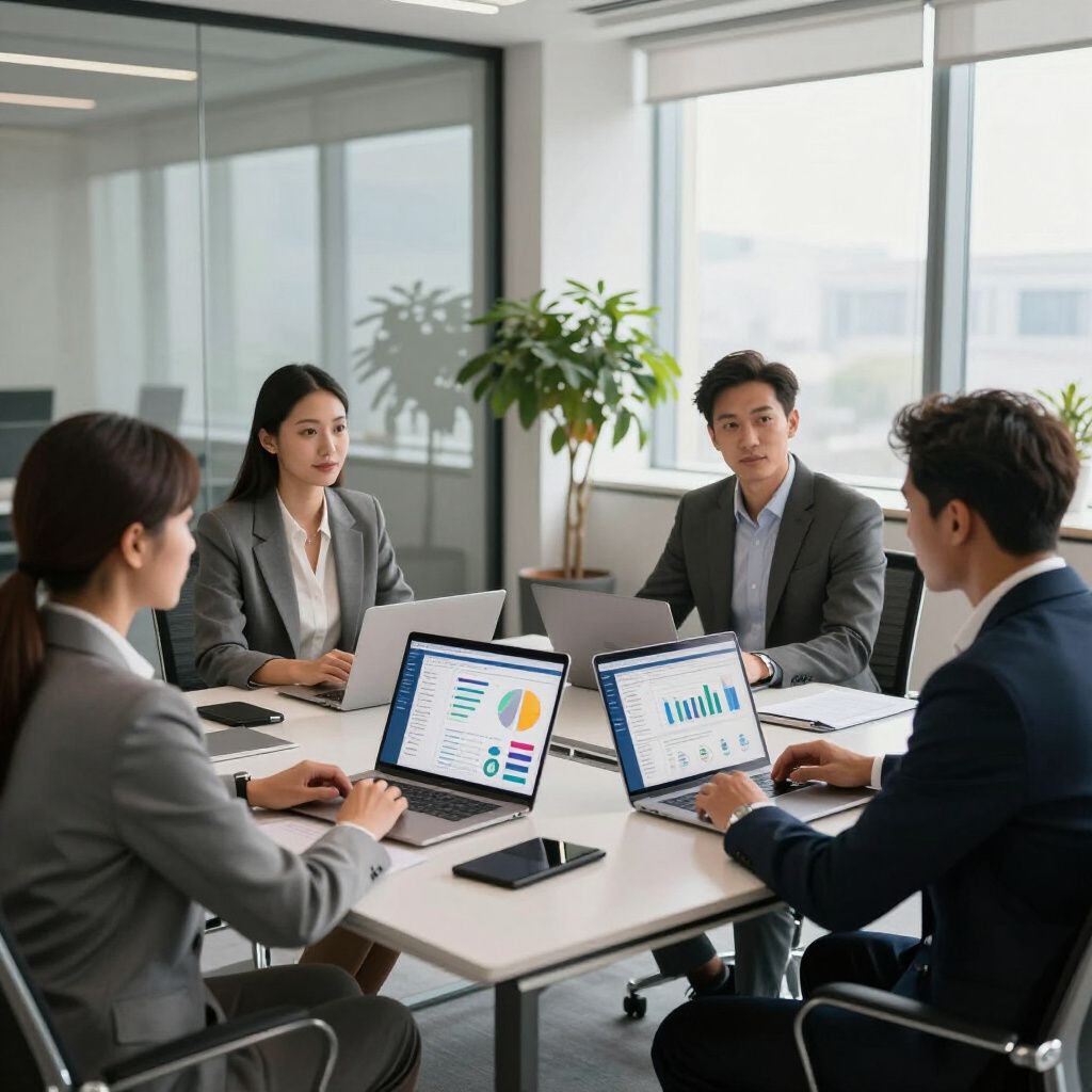 Business team in suits collaborating around a table, looking at laptops with data, in an office.