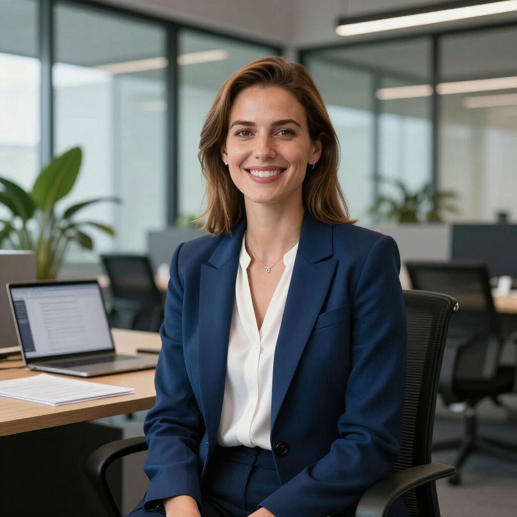 Woman in blue suit smiling at camera, seated in office, laptop on desk.