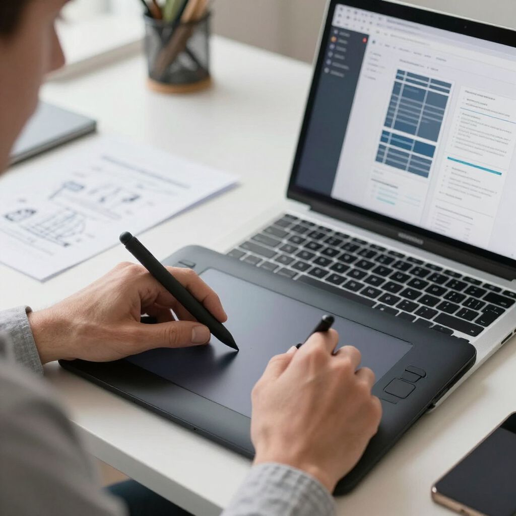 Person uses stylus on drawing tablet, working on a computer at a desk.