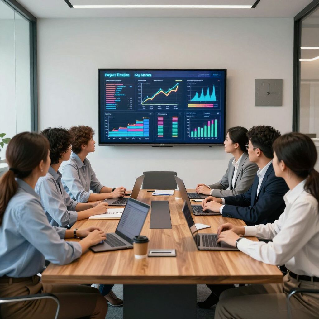 A team reviews charts and graphs on a screen during a meeting, seated around a conference table.