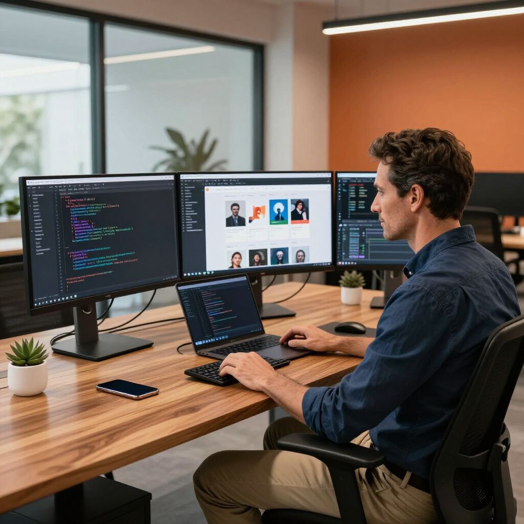 Man coding at a desk with three monitors and a laptop in an office.