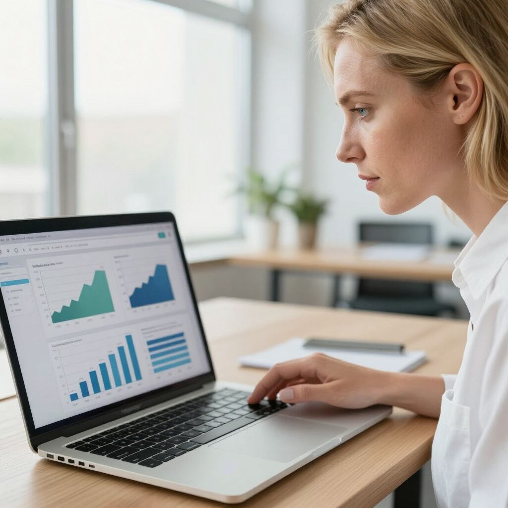 Woman analyzing charts on a laptop at a desk in an office.