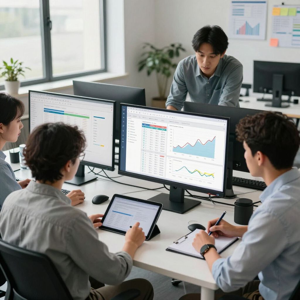 Four people collaborating around computer monitors displaying charts and data in an office setting.