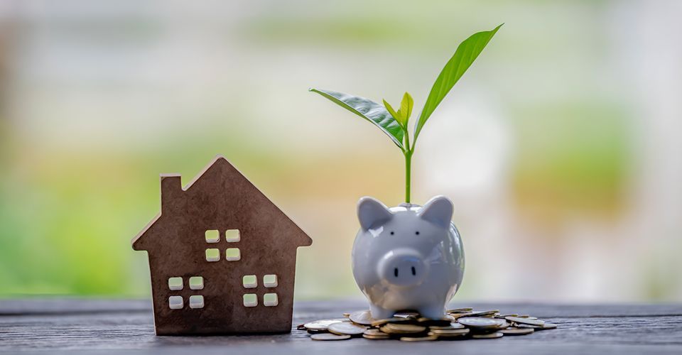 image of house next to a  a piggy bank that is standing on loose coins and is growing a plant out of