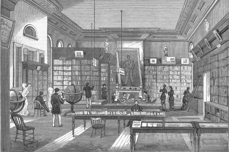 Lithograph, Interior of the Ballarat Mechanics Institute Llibrary with people browsing books, glass displays, and a large painting on the wall, c.1881,