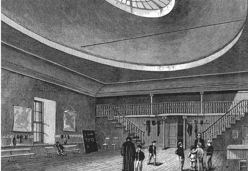 Lithograph - Interior view of Edinburgh School of the Arts with a skylight. Students and a teacher stand near stairs and a balcony.