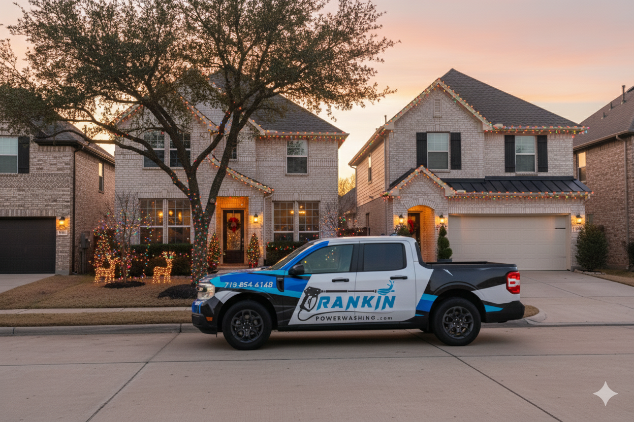 Christmas lights decorating roofline of home in Houston