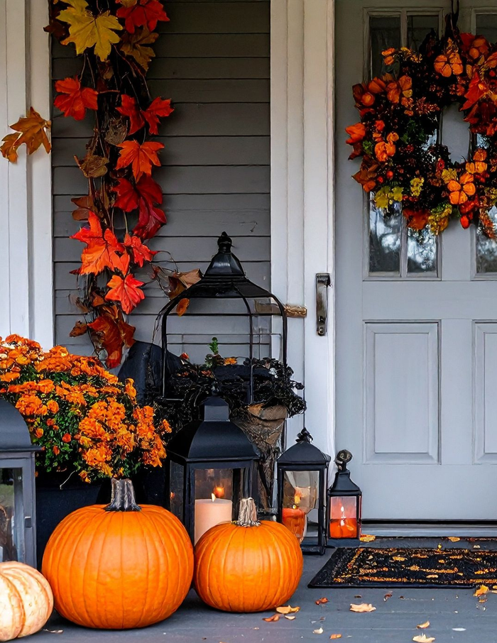 Front porch decorated with fall leaves, pumpkins, and lanterns — example of holiday-ready patio after professional pressure washing in Houston.