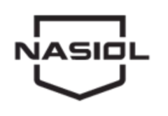 a black and white logo for nasiol with a shield on a white background .
