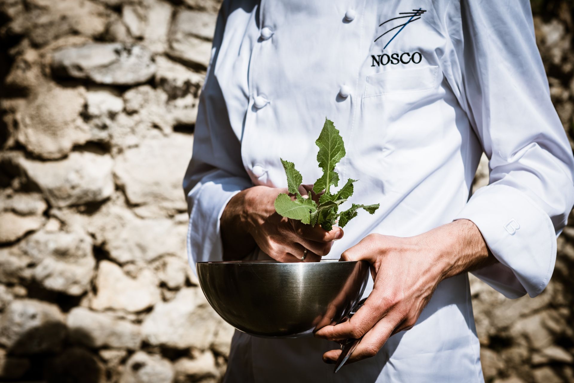 Uno chef tiene tra le mani una ciotola di verdure.