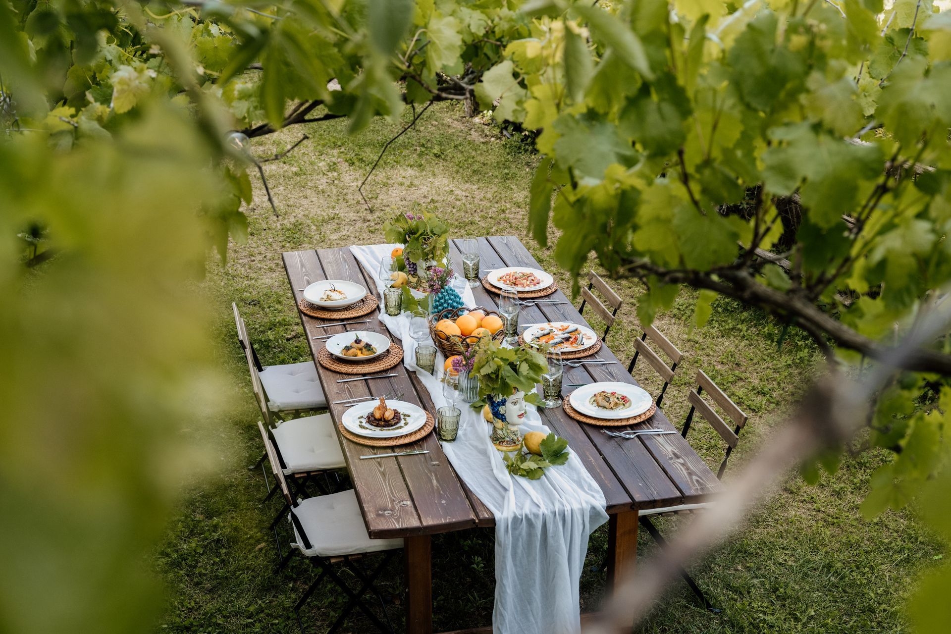 Al centro di un vigneto un lungo tavolo di legno con piatti e bicchieri. Organizza l'aperitivo in vigna all'Antico Convento.