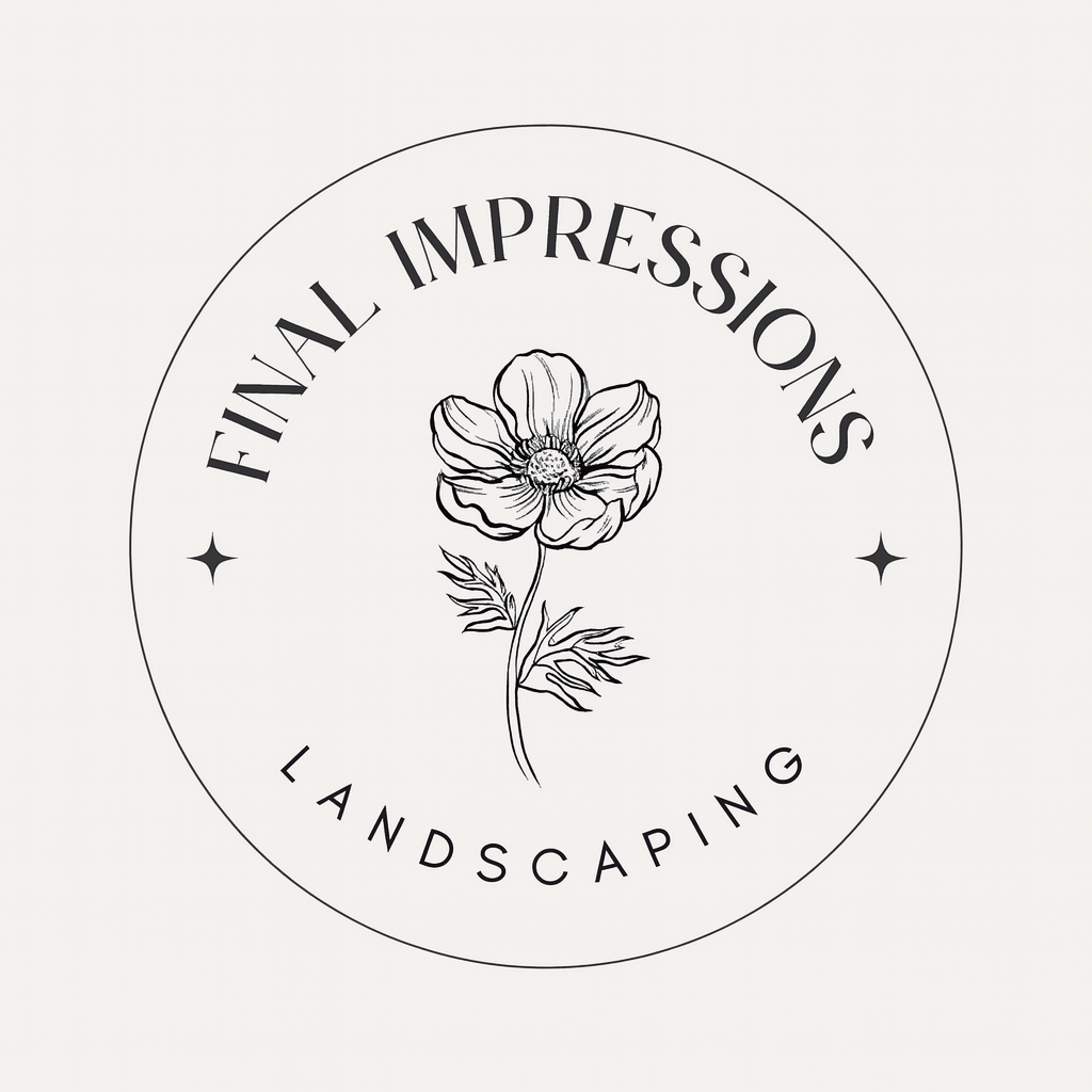 Logo for Final Impressions landscaping, featuring a floral design in a circular frame.