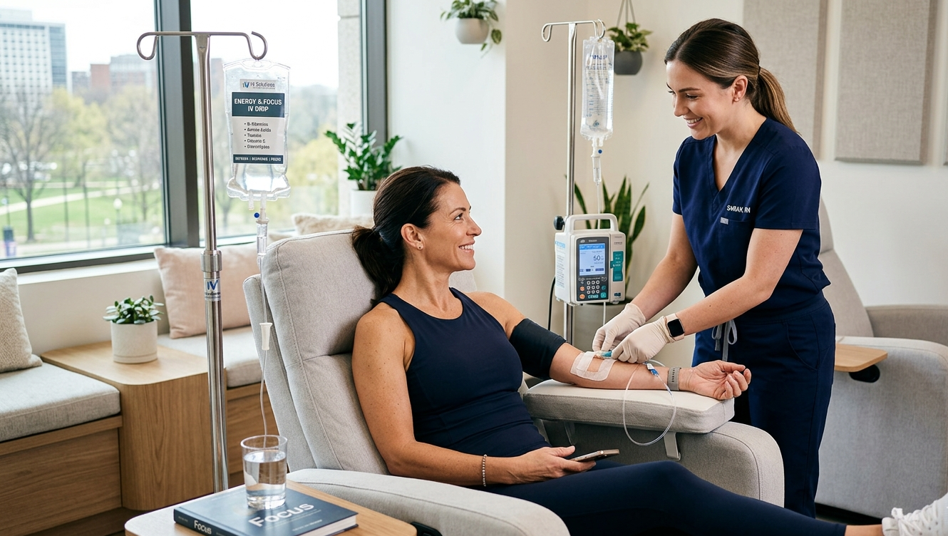Woman receiving IV therapy from a nurse in a modern wellness clinic.