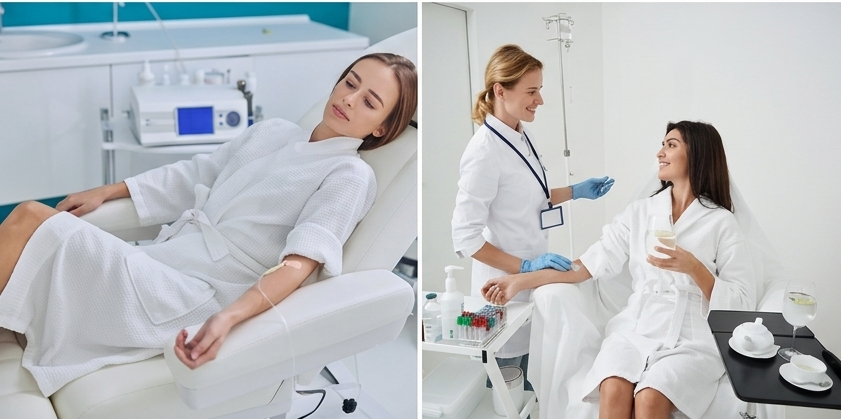 Split view of a woman resting and talking to a nurse during IV treatment.