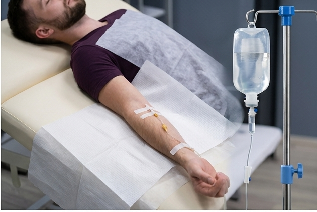 Man lying down during a professional IV hydration therapy session.