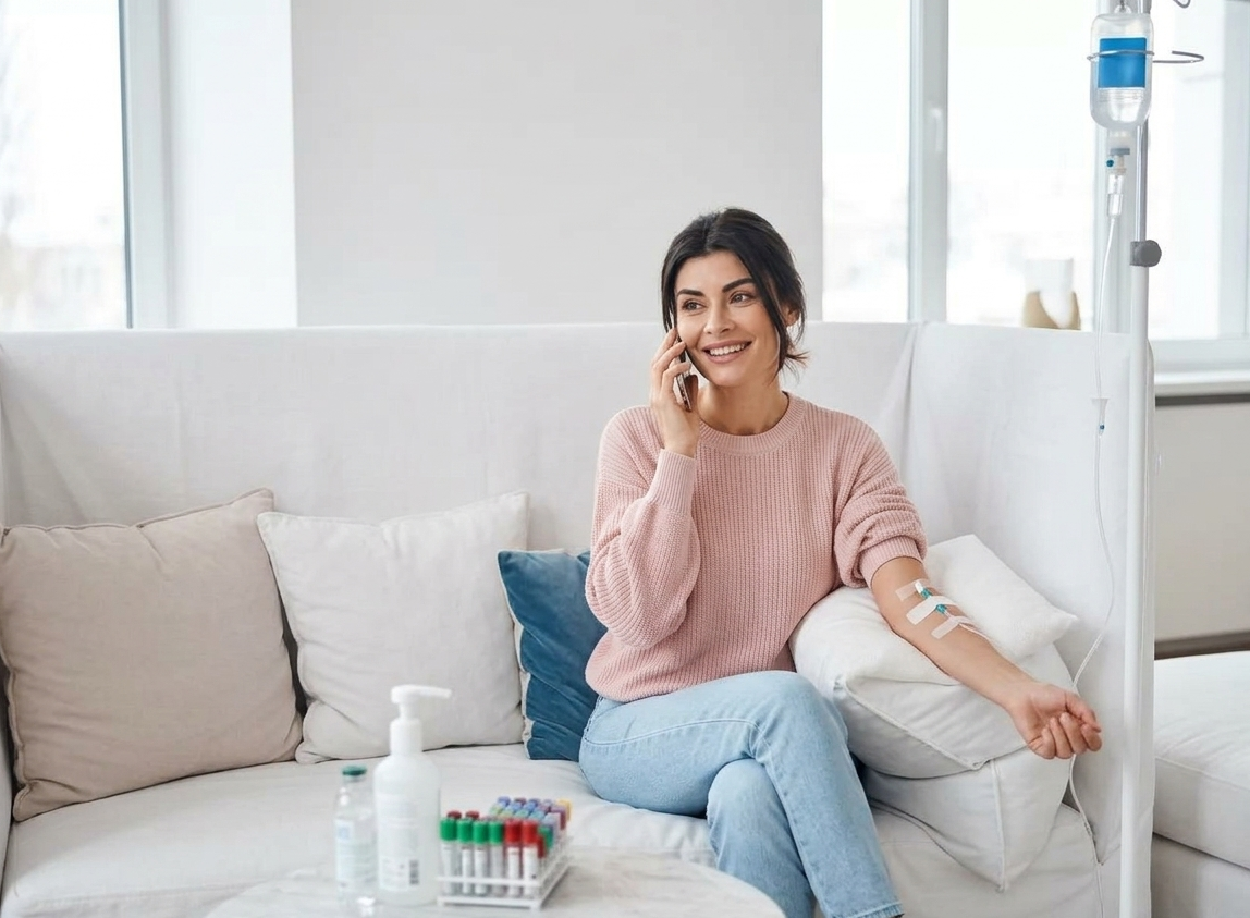 Woman talking on a phone while receiving an IV vitamin drip on a sofa.