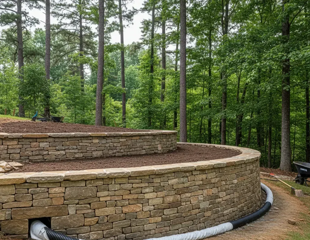 Stone retaining wall curving through a wooded area; brown stone, mulch, and drainage pipe.