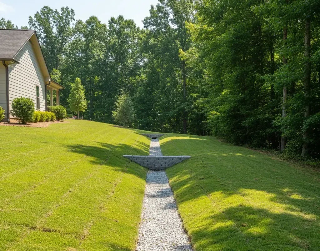A stone-lined drainage channel in a grassy yard slopes towards a tree line.