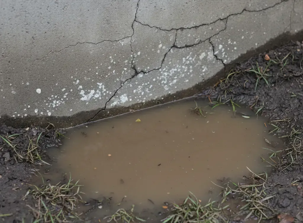 Cracked concrete next to a muddy puddle with grass.