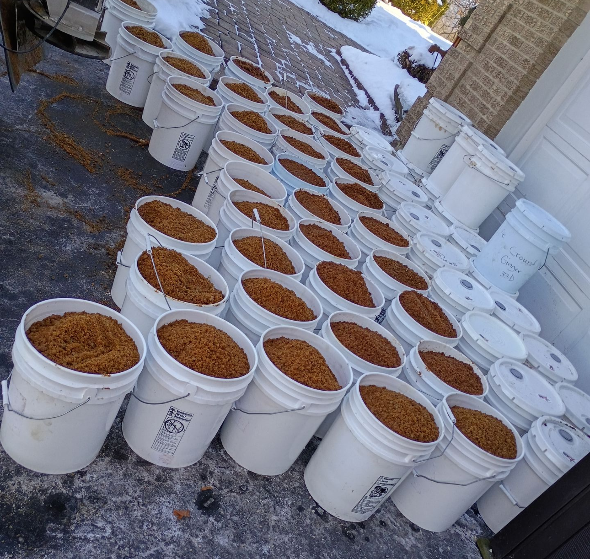 Person spreading salt with a scoop on snowy steps, next to a railing. Person spreading salt with a scoop on snowy steps, next to a railing.