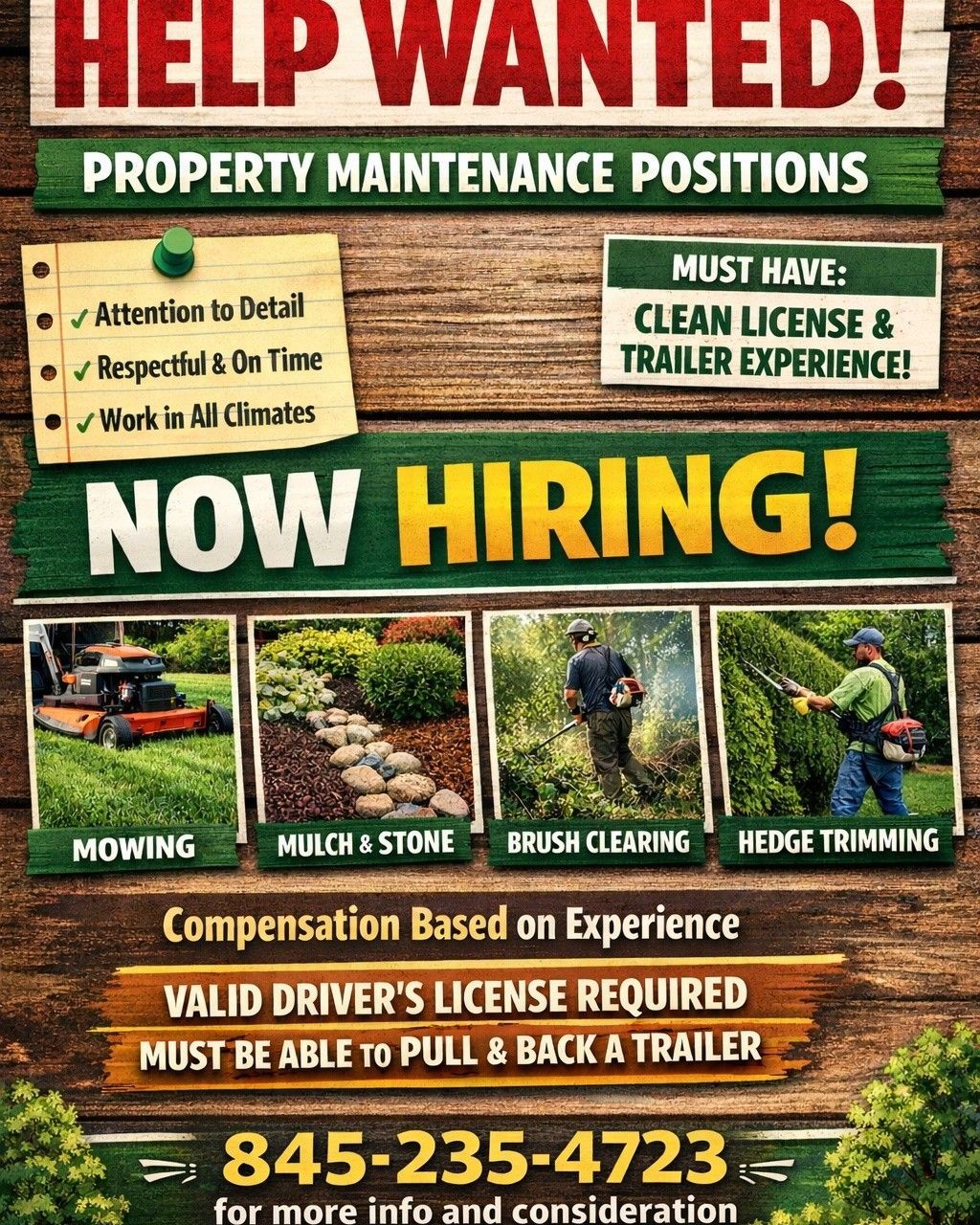Help wanted ad: Property maintenance positions hiring now.