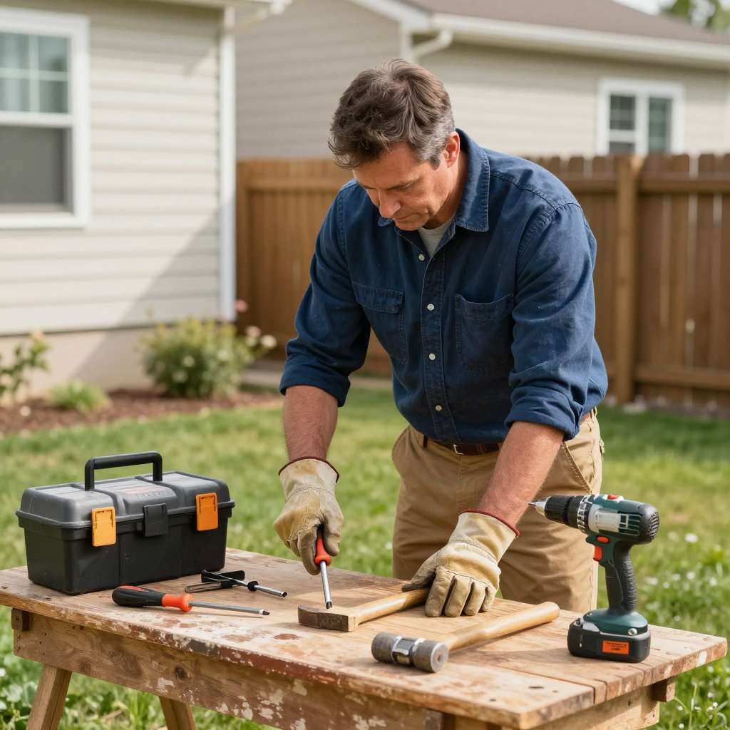 Man using tools on a wooden table outdoors. He's wearing gloves, working on a project, with a toolbox nearby.