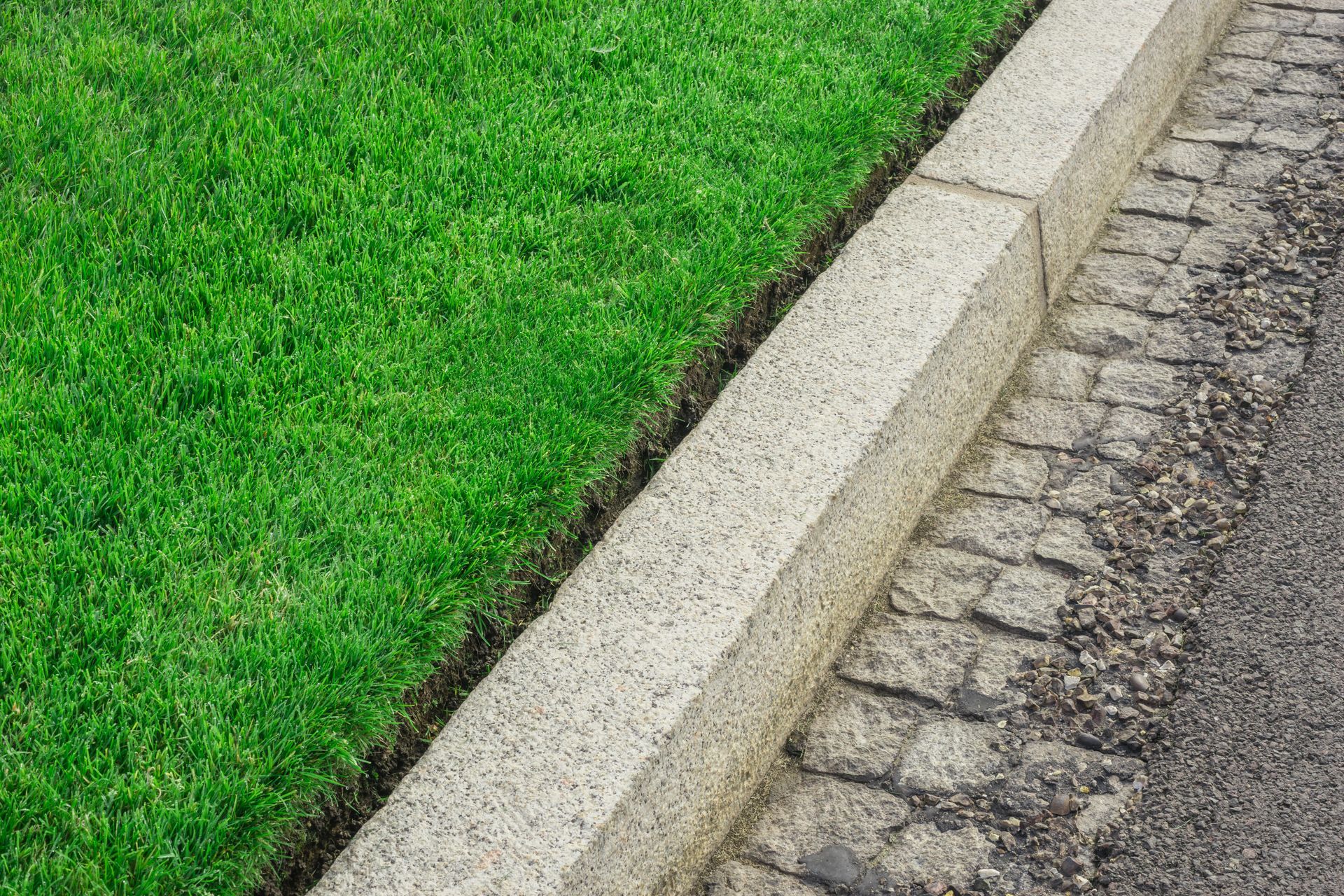 Asphalt road curves past a freshly mowed lawn, leading toward a house framed by trees and a blooming tree. Asphalt road curves past a freshly mowed lawn, leading toward a house framed by trees and a blooming tree.
