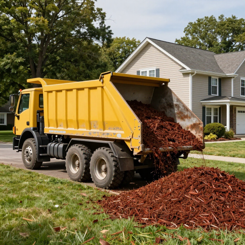 A yellow dump truck unloads a large pile of brown mulch onto a residential lawn in front of a house.