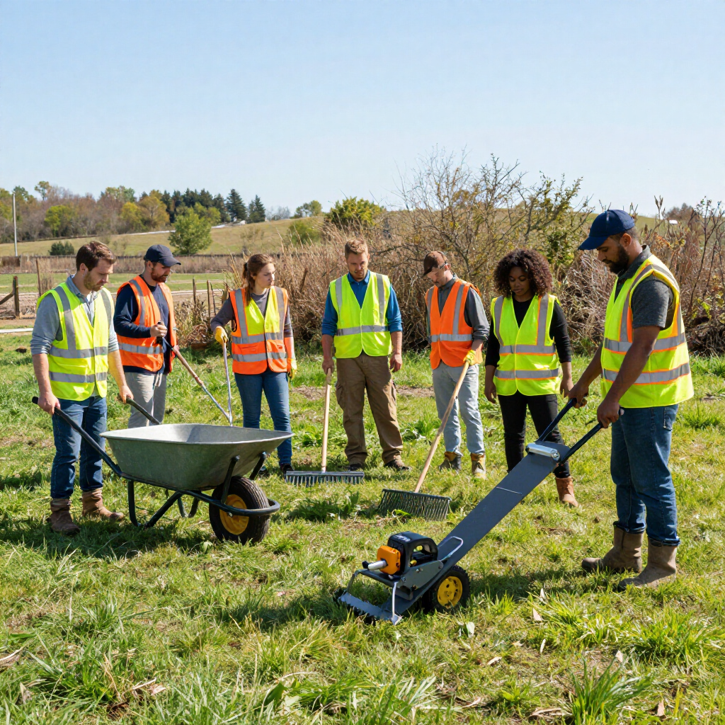 Group of people in safety vests cleaning an outdoor field with rakes, a wheelbarrow, and a small machine.