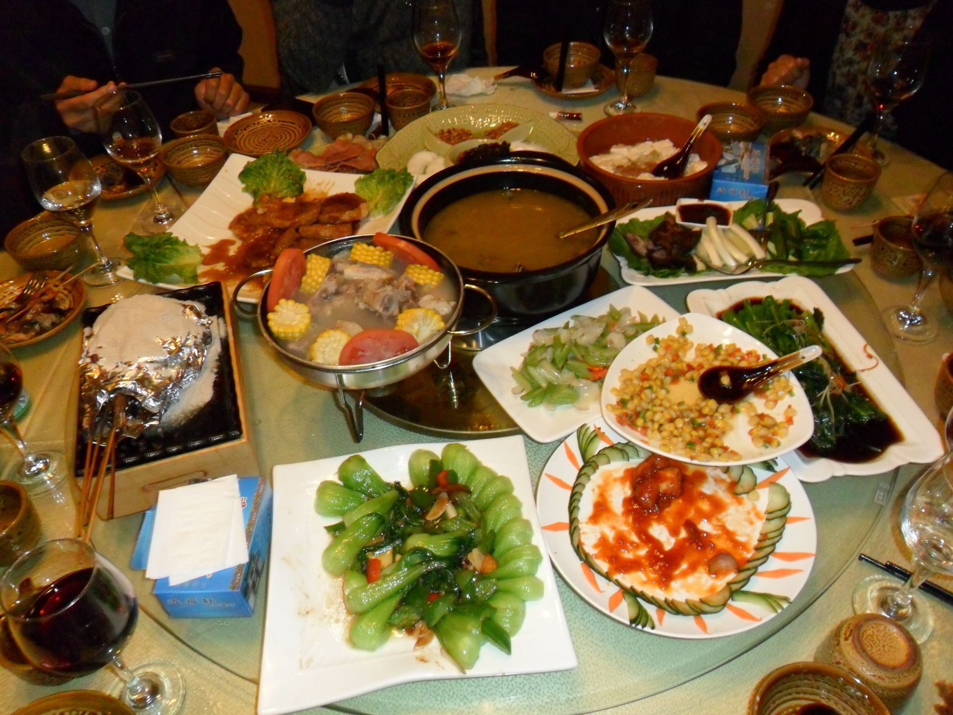 Chinese lazy Susan full of food.