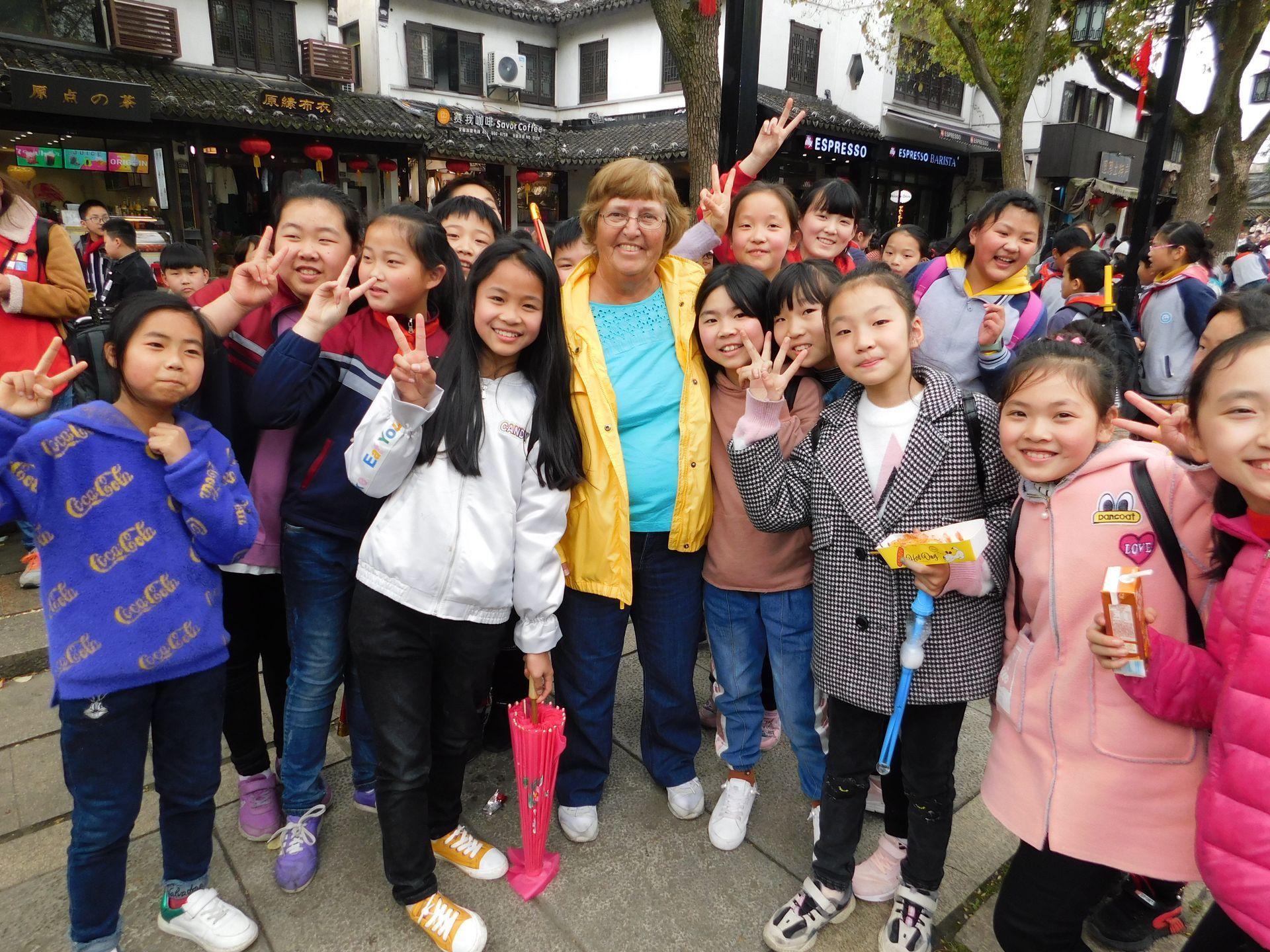 Shirley with school children, Tongli, China