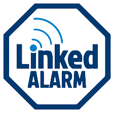 A blue and white logo for linked alarm