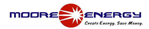 A logo for moore energy that says create energy save money
