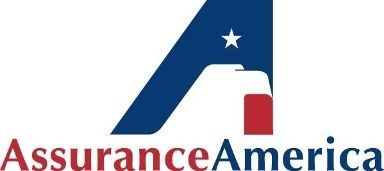 A logo for assurance america with a red white and blue flag