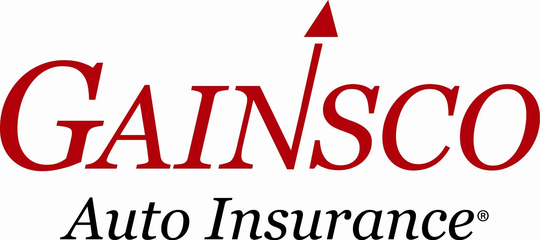 A red and black logo for gainsco auto insurance