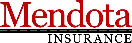 A red and black logo for mendota insurance on a white background.