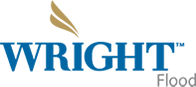 The logo for wright flood is blue and gold.