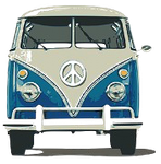 A blue and white van with a peace sign on the front.