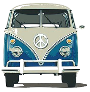 A blue and white van with a peace sign on the front.