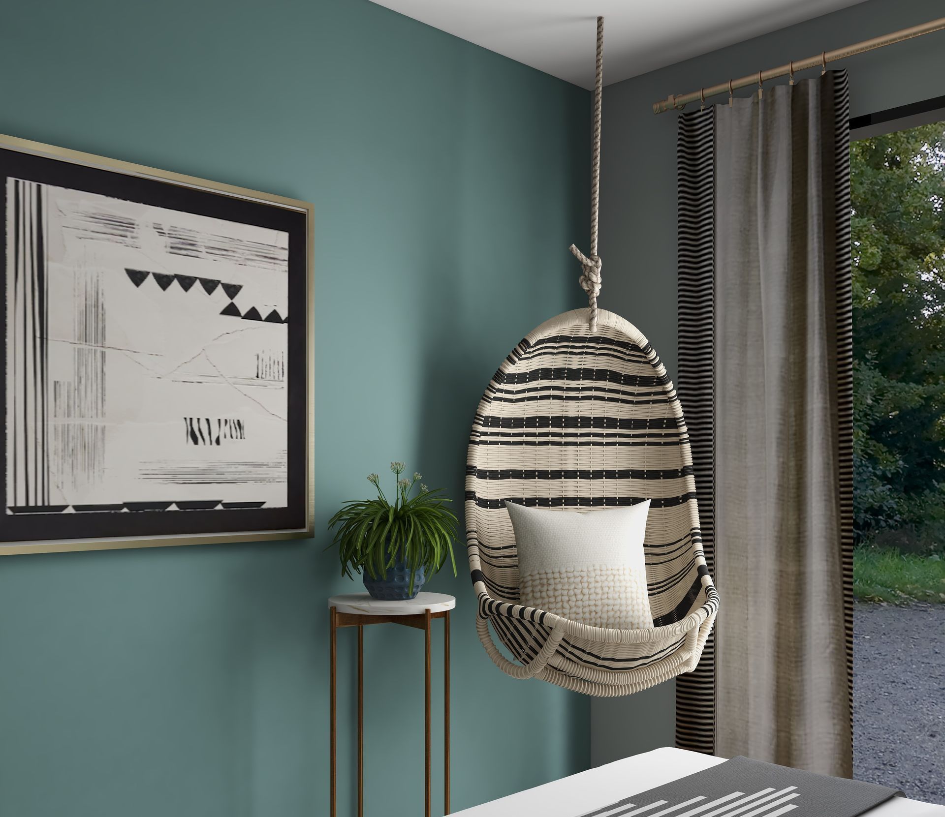 A cozy hanging swing chair with a plush pillow in an inviting room interior.