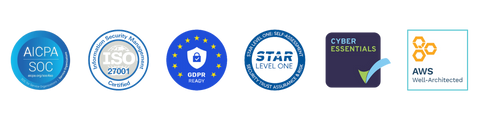 Security logos including: SOC, ISO, GDPR, Star, Cyber Essentials and AWS