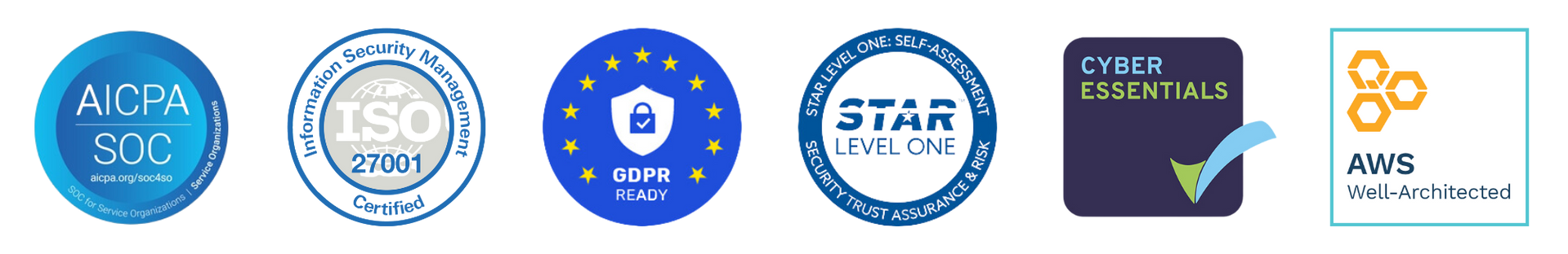 Security logos including: SOC, ISO, GDPR, Star, Cyber Essentials and AWS